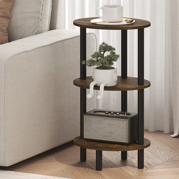 Furinno Turn-N-Tube 3-Tier Oval Side Table, Rustic Brown End Table, Night Stand, Bedside Table for Living Room, Bedroom, Amber Oak/Black