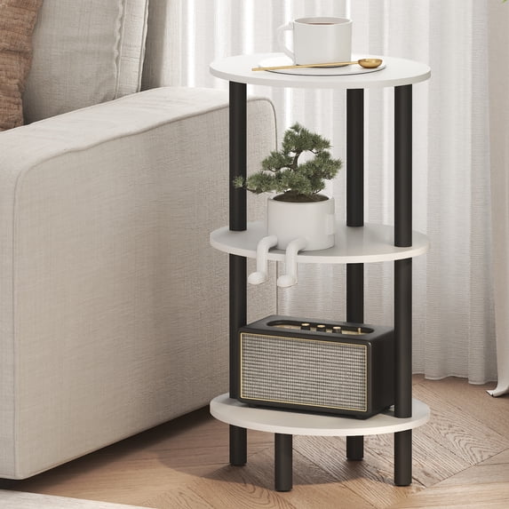 Furinno Turn-N-Tube 3-Tier Oval Side Table, White End Table, Night Stand, Bedside Table for Living Room, Bedroom, Plain White/Black