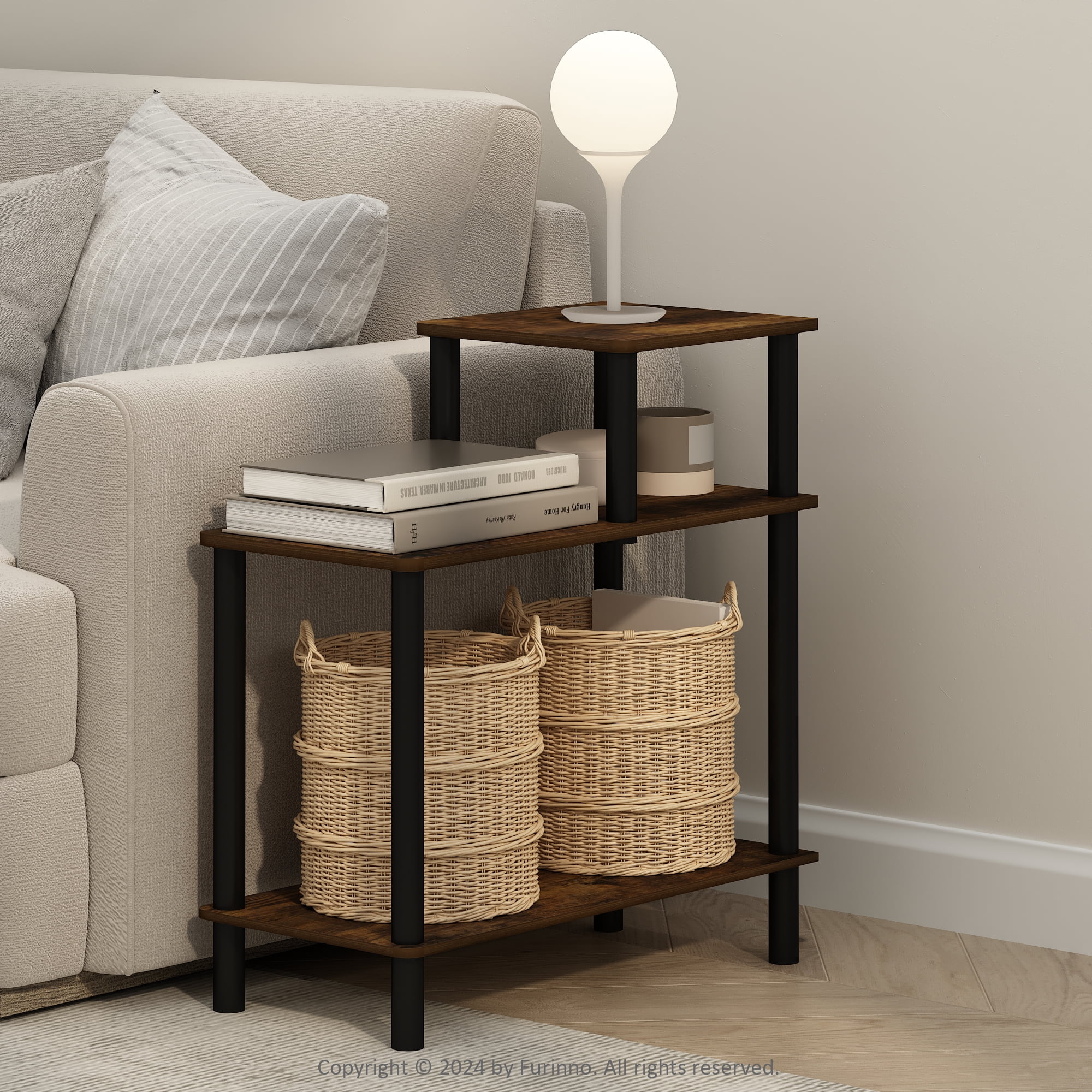 Furinno Turn-N-Tube 3-Tier Rectangular Sofa Side Table, End Table with Open Shelves, Amber Pine/Black