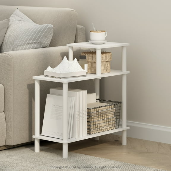 Furinno Turn-N-Tube 3-Tier Rectangular Sofa Side Table, End Table with Open Shelves, White/White