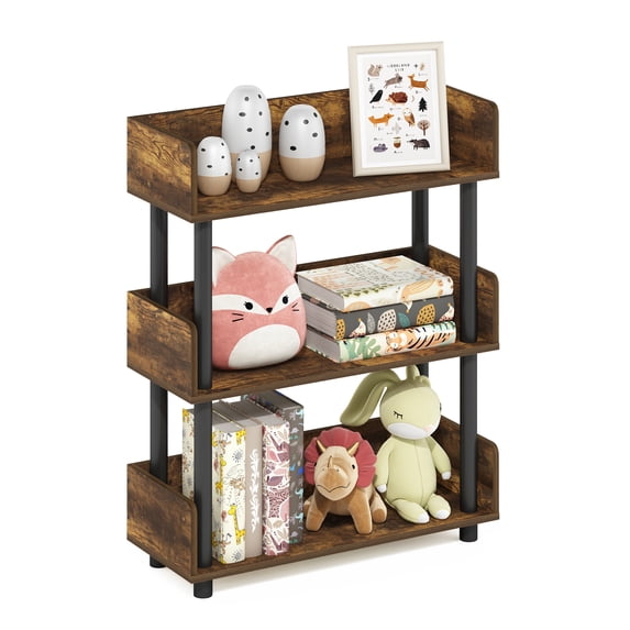 Furinno Turn-N-Tube 3-Tier Rustic Brown Storage Shelves with Side Panels, Book Shelf, Display Shelf, for Organization and Storage, Living Room, Home Office, Amber Oak