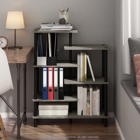 Furinno Turn-N-Tube 31.50"W X 11.61"D X 39.45"H 6-Shelf Decorative Shelves, French Oak Gray and Black