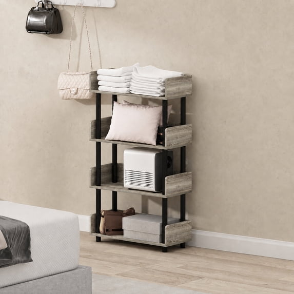 Furinno Turn-N-Tube 4-Tier Grey Storage Shelves with Side Panels, Book Shelf, Display Shelf, for Organization and Storage, Living Room, Home Office, Grey Oak