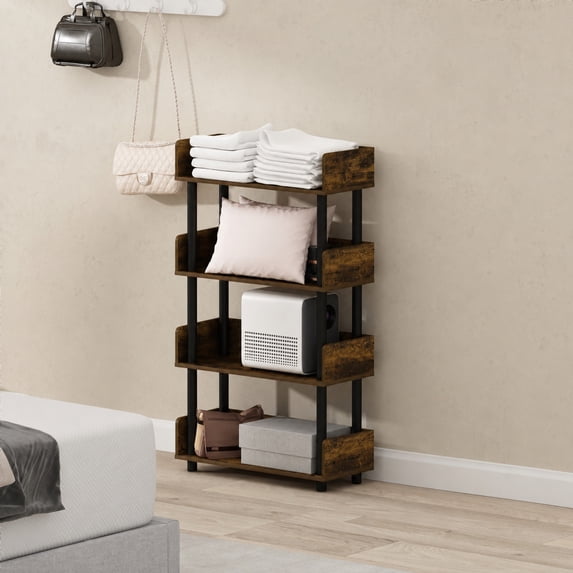 Furinno Turn-N-Tube 4-Tier Rustic Brown Storage Shelves with Side Panels, Book Shelf, Display Shelf, for Organization and Storage, Living Room, Home Office, Amber Oak
