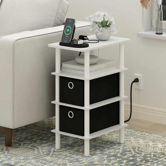 Furinno Turn-N-Tube 4-Tier Side Table, End Table, Nightstand with Bin Drawers, USB and Type-C Charging Port, White/White/Black