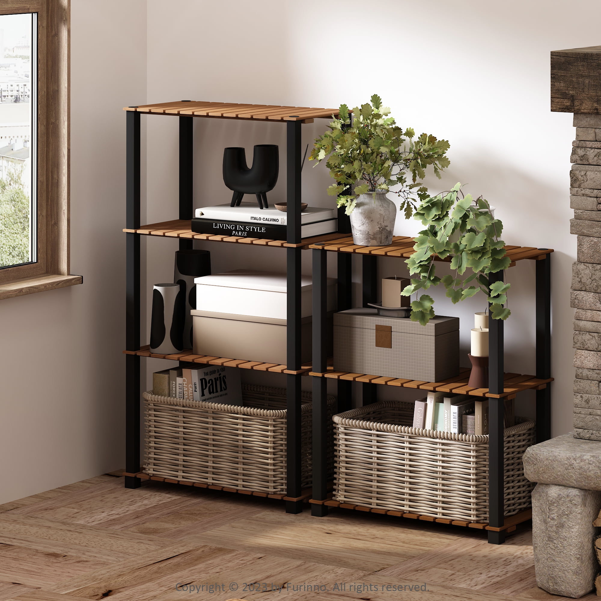 Furinno Turn-N-Tube 4-Tier Wood Slat Multipurpose Shelf Display Rack with Square Poles, Natural/Black