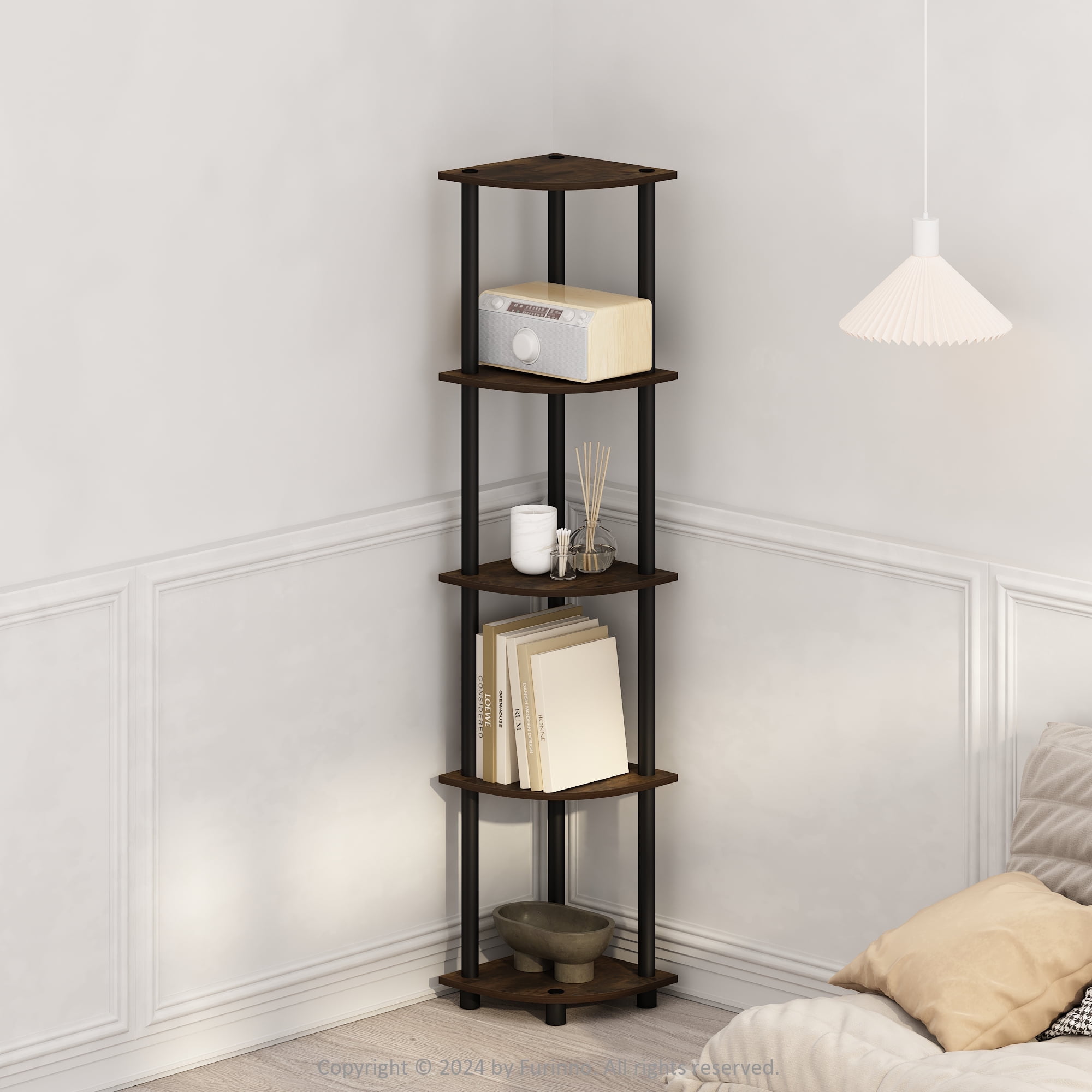 Amber Pine and Black Laminated 5-Tier Corner Wood Display Shelf