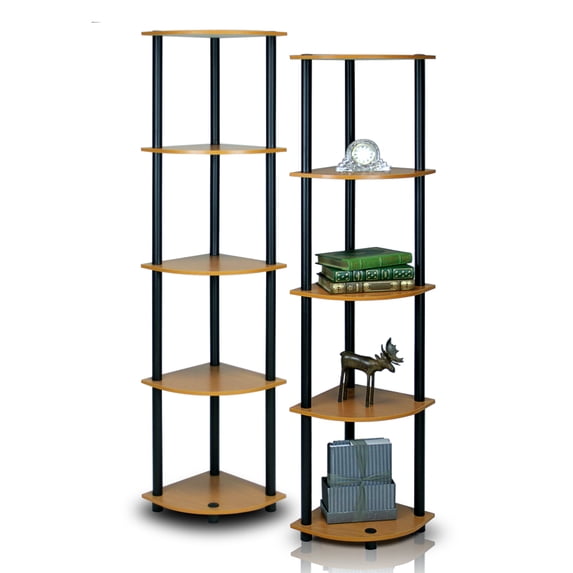 Furinno TURN-N-TUBE 5-Tier Corner Bookshelf Set of 2 with Open Storage Shelves, Light Cherry