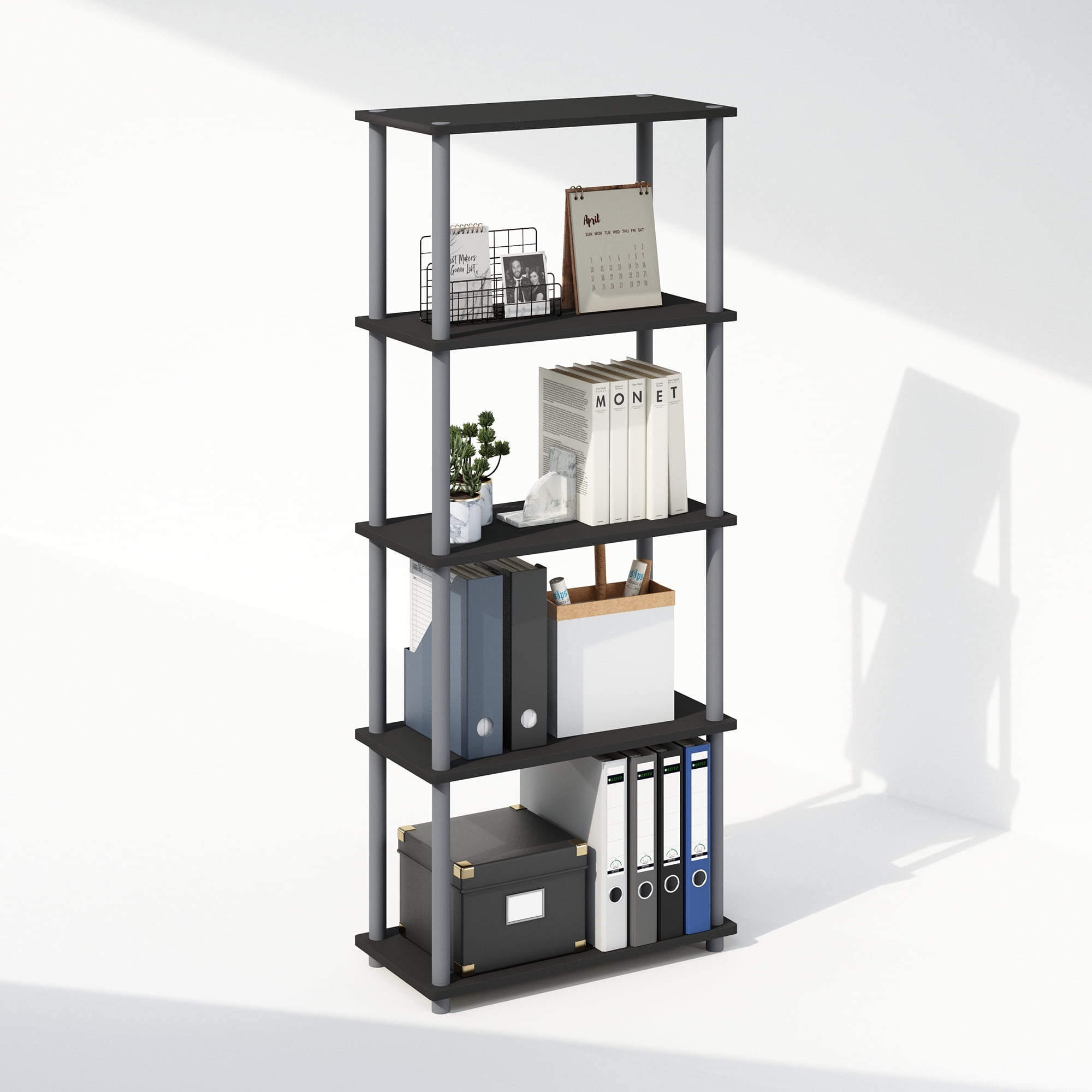 Furinno Turn-N-Tube 5-Tier Multipurpose Compact Display Rack, Shelving Unit, Bookcase, Black/Grey