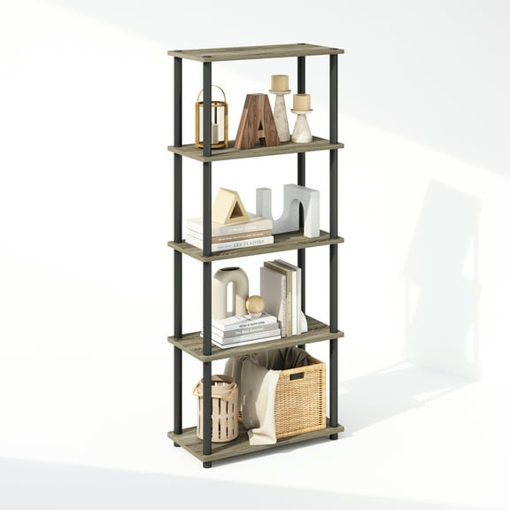 Furinno Turn-N-Tube 5-Tier Multipurpose Compact Display Rack, Shelving Unit, Bookcase, French Oak/Black