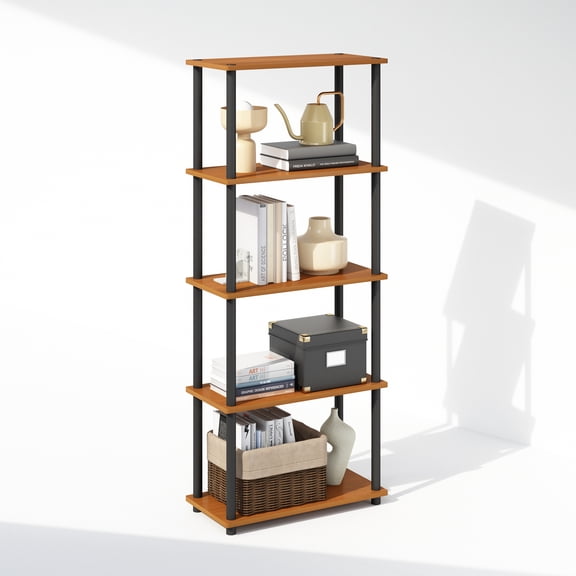 Furinno Turn-N-Tube 5-Tier Multipurpose Compact Display Rack, Shelving Unit, Bookcase, Light Cherry/Black