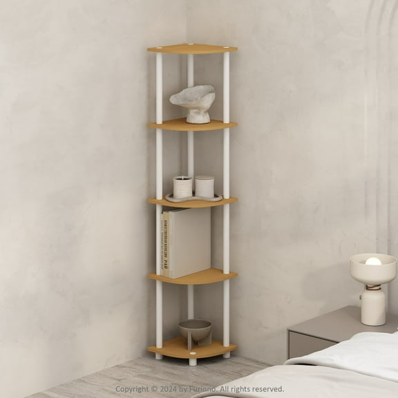 Furinno Turn-N-Tube 5 Tier Multipurpose Corner Display Rack Shelving Unit, Beech/White