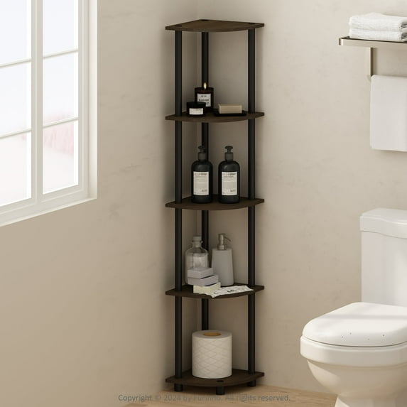 Furinno Turn-N-Tube 5 Tier Multipurpose Corner Display Rack Shelving Unit, Dark Brown Grain/Black