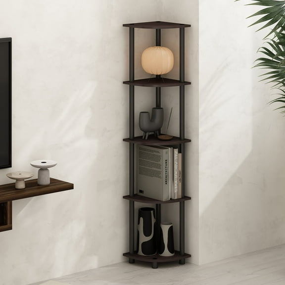 Furinno Turn-N-Tube 5 Tier Multipurpose Corner Display Rack Shelving Unit, Dark Walnut