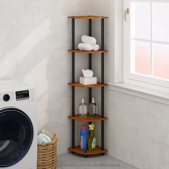Furinno Turn-N-Tube 5 Tier Multipurpose Corner Display Rack Shelving Unit, Light Cherry/Black