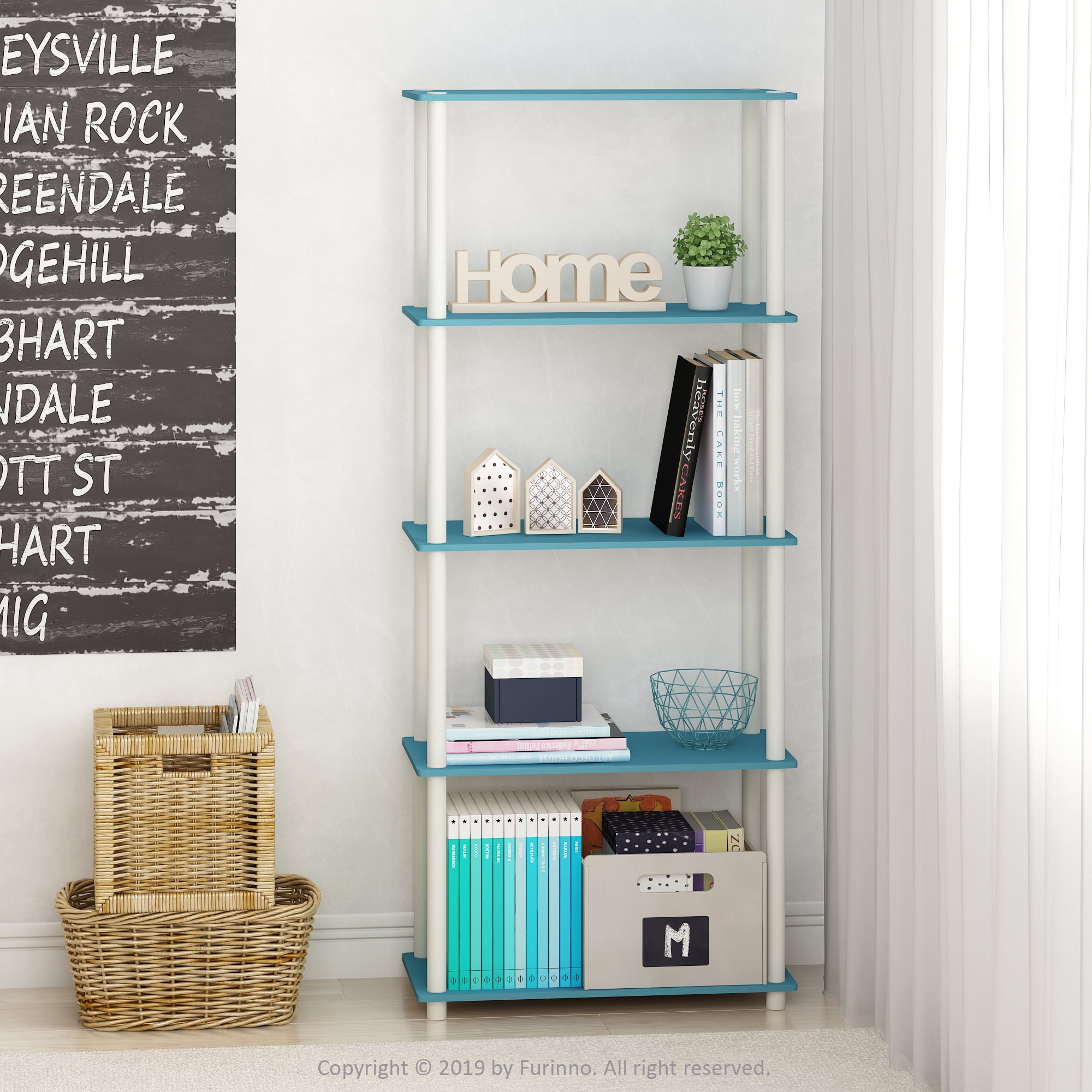 Furinno Turn-N-Tube 5-Tier Wide Shelf Display Rack, Light Blue and