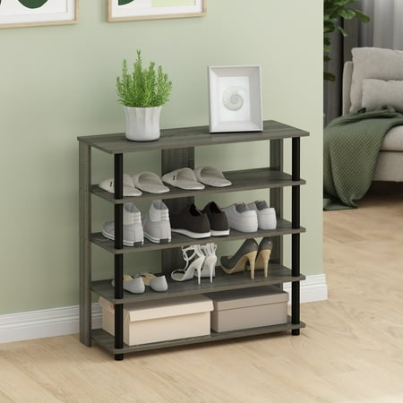 Furinno Turn-N-Tube 5 Tier Wide Wood Shoe Rack Shelf Organizer, French Oak Grey