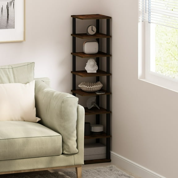 Furinno Turn-N-Tube 8-Tier Vertical Space Saving Free Standing Corner Shelf, Display Rack, Amber Pine/Black