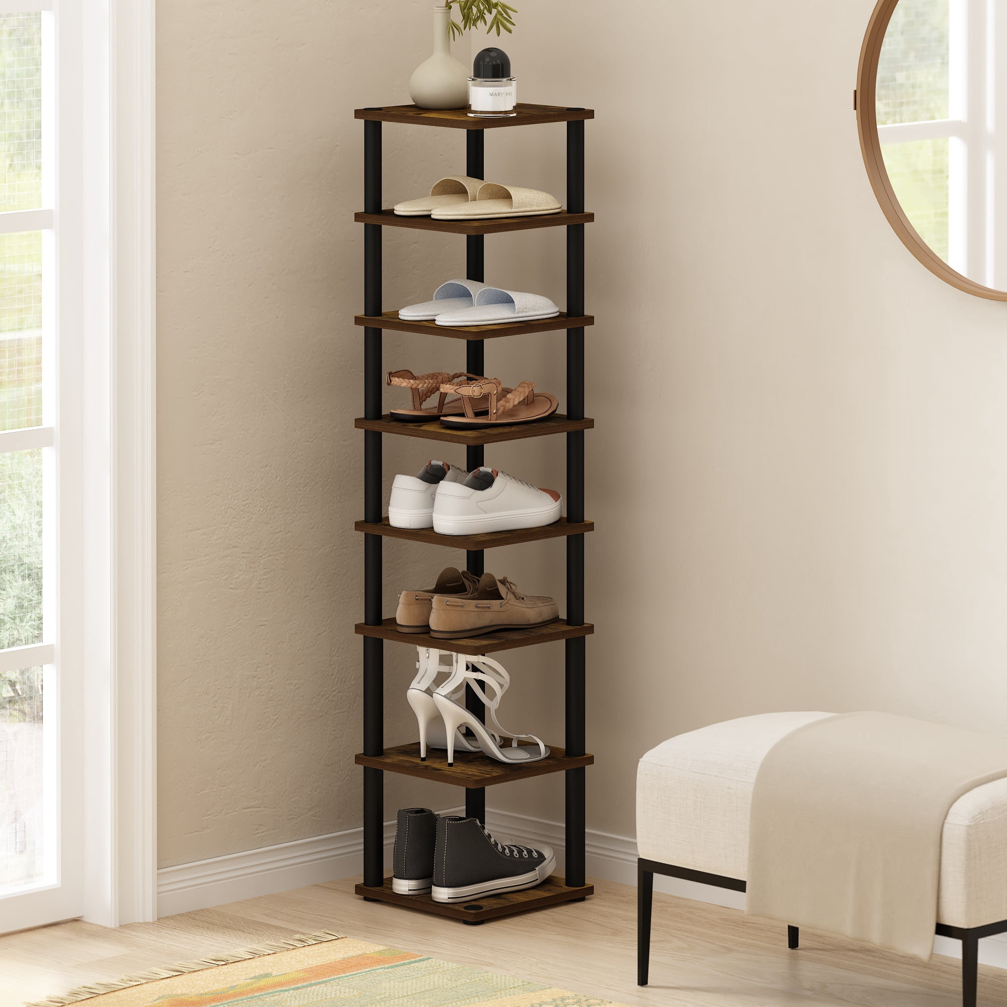 Furinno Turn-N-Tube 8-Tier Vertical Space Saving Free Standing Shoe Tower, Shoe Rack for Closet Entryway, Amber Pine/Black