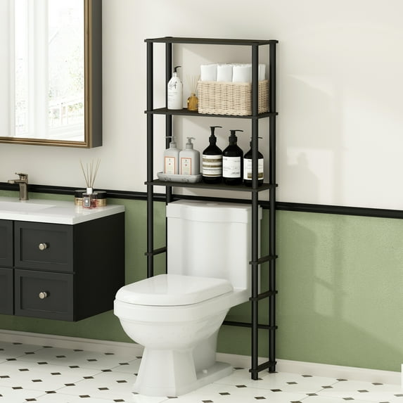 Furinno Turn-N-Tube Freestanding Over-The-Toilet Bathroom Shelves, Storage Rack with 3 Shelves, Black Espresso/Black