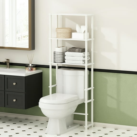 Furinno Turn-N-Tube Freestanding Over-The-Toilet Bathroom Shelves, Storage Rack with 3 Shelves, Plain White/White
