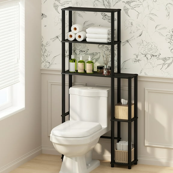 Furinno Turn-N-Tube Freestanding Over-The-Toilet Bathroom Shelves, Storage Rack with 5 Shelves, Black Espresso/Black