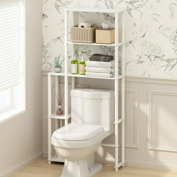 Furinno Turn-N-Tube Freestanding Over-The-Toilet Bathroom Shelves, Storage Rack with 5 Shelves, Plain White/White