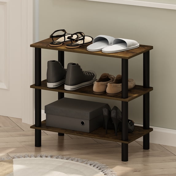 Furinno Turn-N-Tube Rustic Brown Shoe Rack, 3-Tier Shoe Organizer, Shoe Rack Storage with Freestanding Organizer, 11.7 x 23.6 x 21.9, for Closet Entryway, Office, Garage, Amber Oak/Black