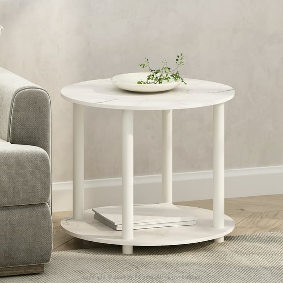 Furinno Turn-N-Tube Simple Design 2-Tier Round Wooden Side End Table, Marble White