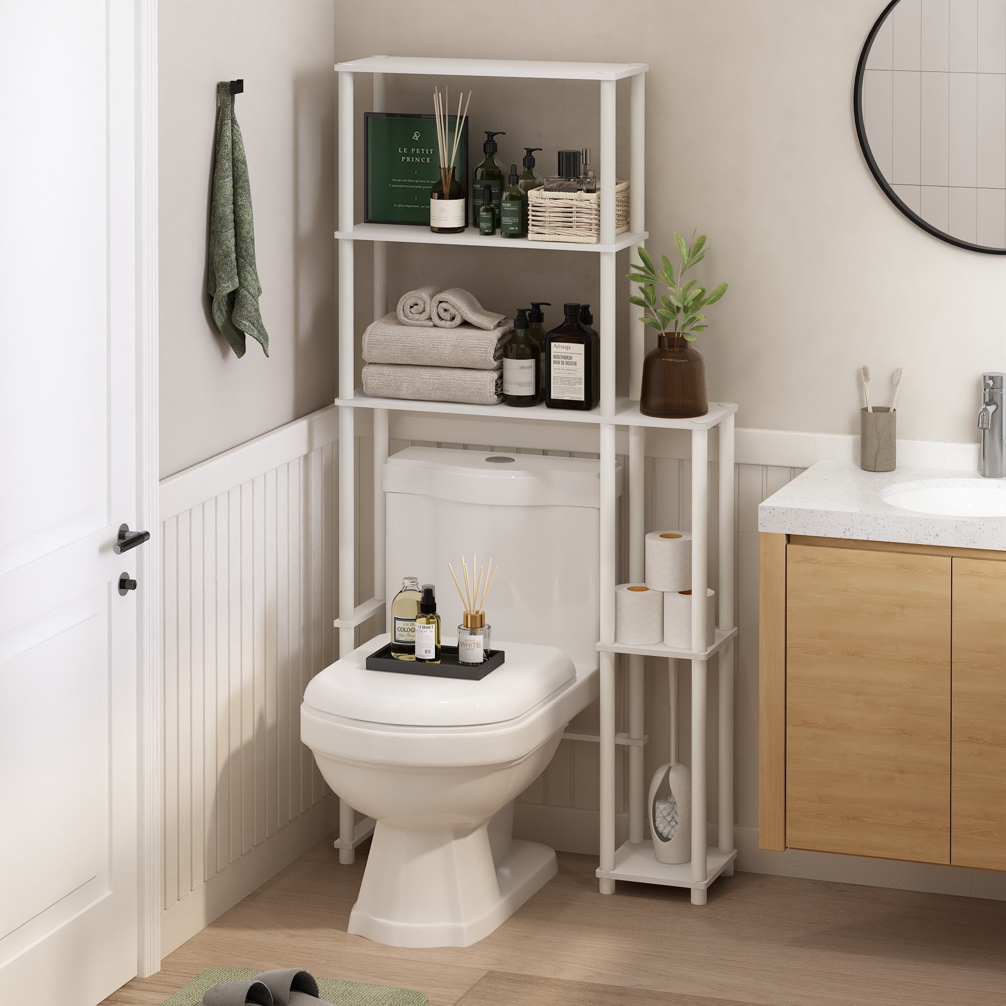 Furinno Turn-N-Tube Toilet Space Saver with 5 Shelves, White/White