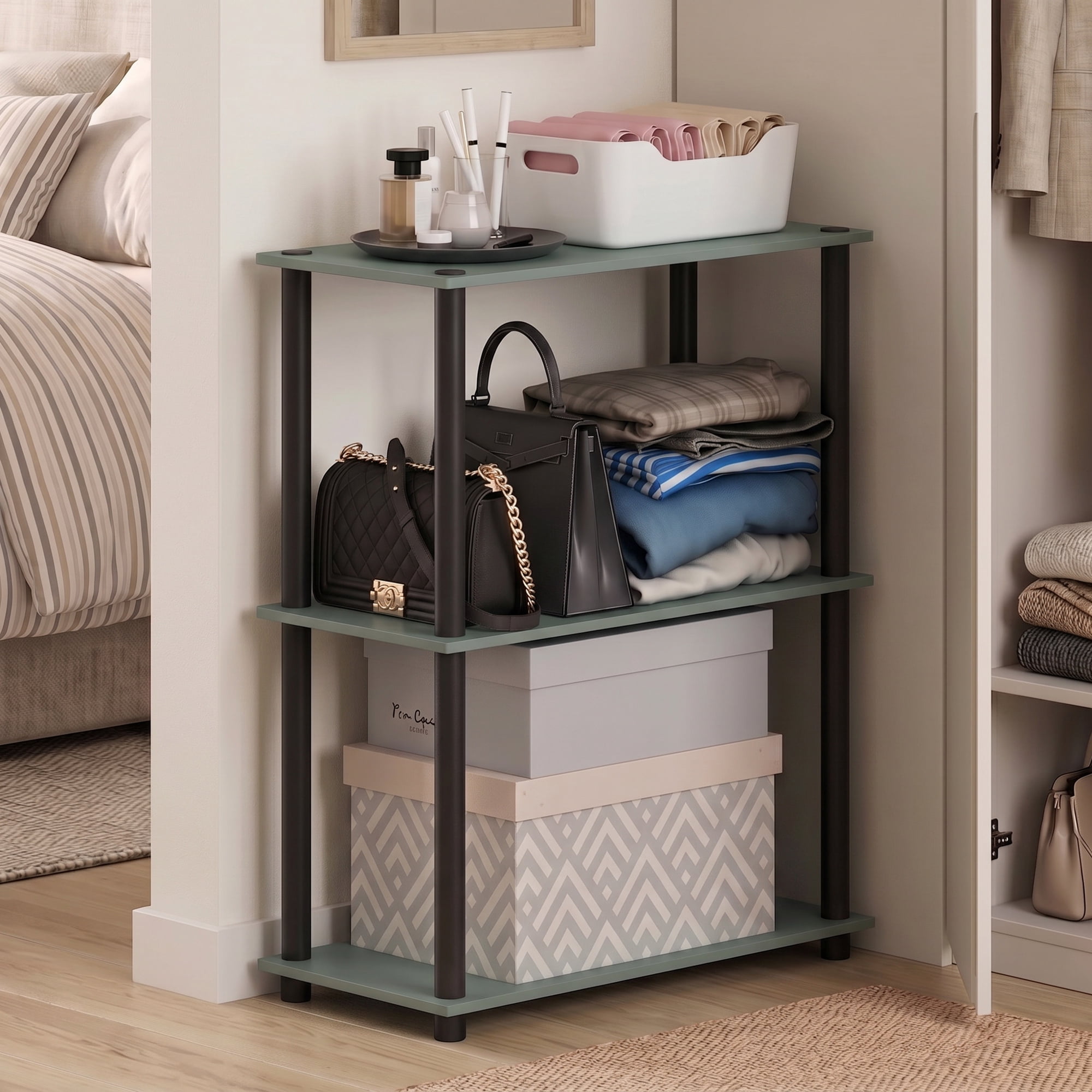 Furinno Turn-N-Tube Toolless Assembly 3-Tier Closet Shelf, Green Closet Organizer, Open Shelf Closet Organizers and Storage, for Wardrobe, Living Room, Sage Green