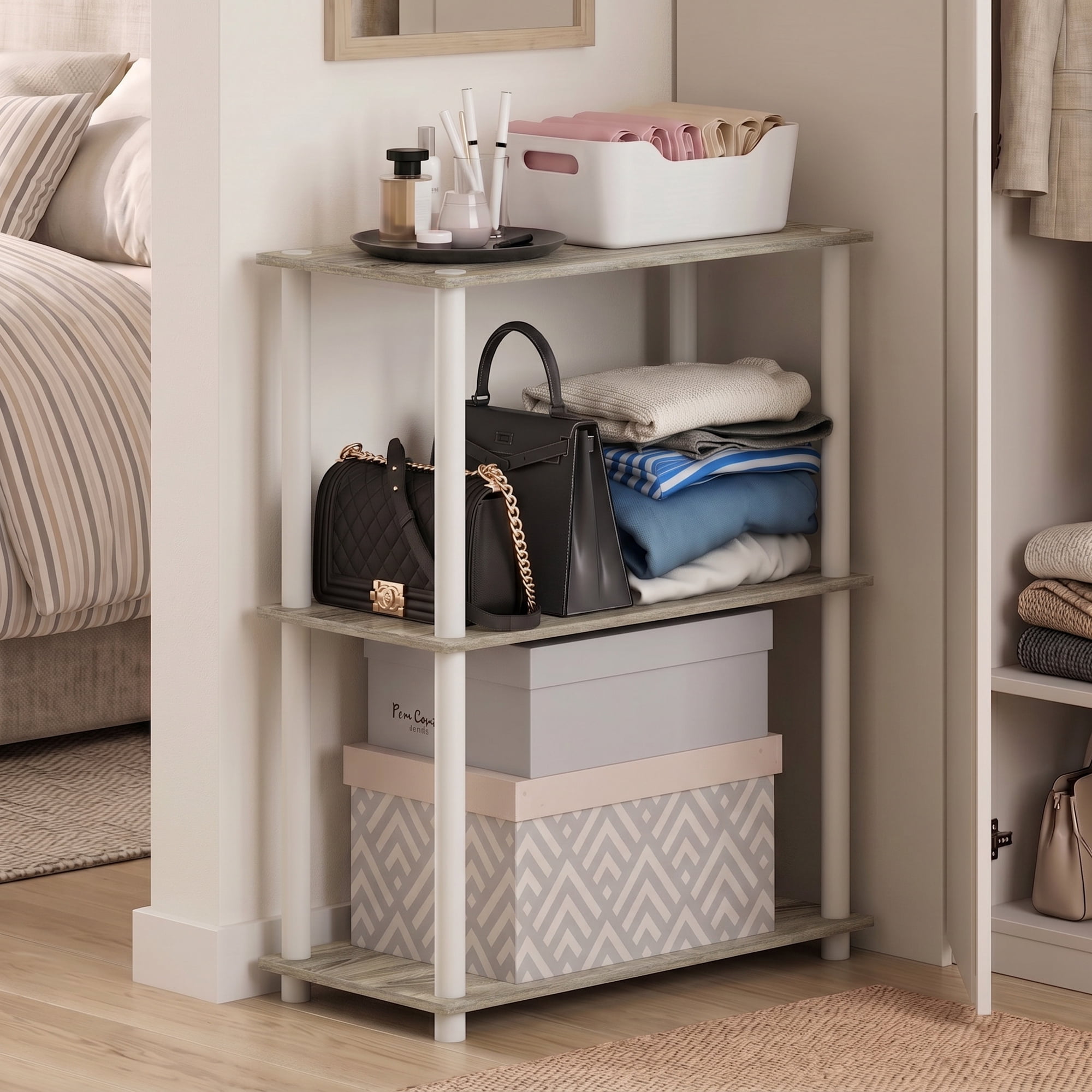 Furinno Turn-N-Tube Toolless Assembly 3-Tier Closet Shelf, Oak Closet Organizer, Open Shelf Closet Organizers and Storage, for Wardrobe, Living Room, Sonoma Oak
