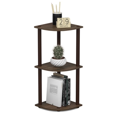 Furinno Turn-N-Tube Toolless Assembly 3-Tier Corner Shelf, Black Corner Book Shelf, Open Shelves Bookshelf, for Organization and Storage, Living Room, Home Office, Bedroom, Black Walnut