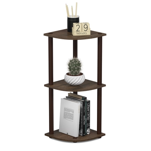 Furinno Turn-N-Tube Toolless Assembly 3-Tier Corner Shelf, Black Corner Book Shelf, Open Shelves Bookshelf, for Organization and Storage, Living Room, Home Office, Bedroom, Black Walnut