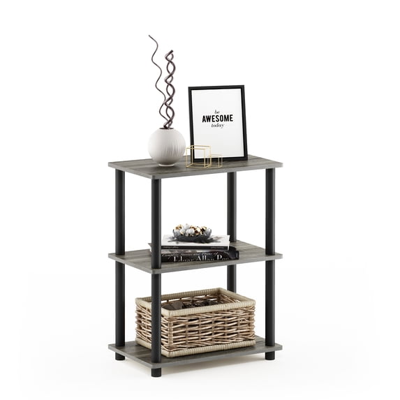 Furinno Turn-N-Tube Toolless Assembly 3-Tier Grey Book Shelf, Corner Shelf, Open Shelves, for Organization and Storage, Living Room, Garage, Home Office, Grey Oak