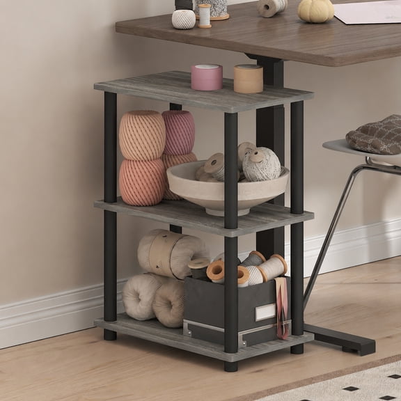Furinno Turn-N-Tube Toolless Assembly 3-Tier Grey Book Shelf, Corner Shelf, Open Shelves, for Organization and Storage, Living Room, Garage, Home Office, Grey Oak