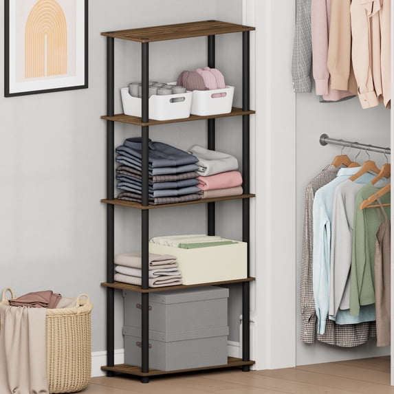 Furinno Turn-N-Tube Toolless Assembly 5-Tier Closet Shelf, Rustic Brown Closet Organizer, Open Shelf Closet Organizers and Storage, for Wardrobe, Living Room, Columbia Walnut