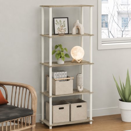 Furinno Turn-N-Tube Toolless Assembly 5-Tier Storage Shelves, Oak Book Shelf, Open Storage Bookshelf, for Organization and Storage, Living Room, Home Office, Bedroom, Light Oak