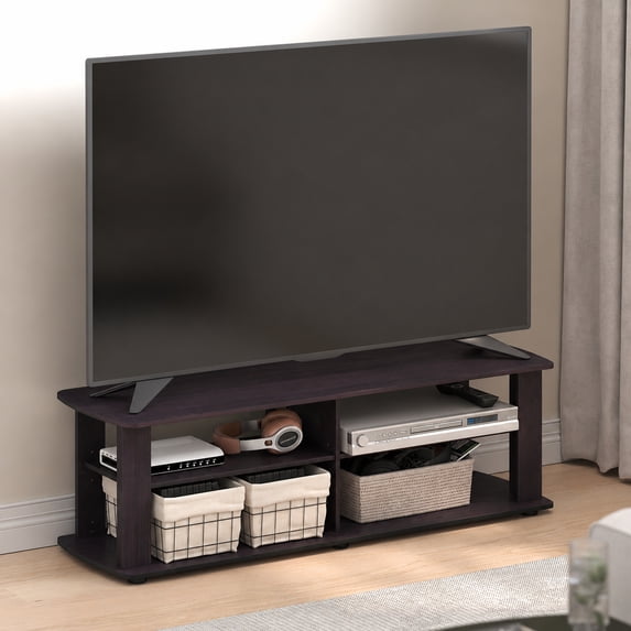 Furinno Turn-N-Tube Toolless Assembly Black TV Stand for TV up to 50 Inch, 3-Tier Entertainment Center, Open Back TV Console with Cable Management, for Living Room, Bedroom, Dark Mocha
