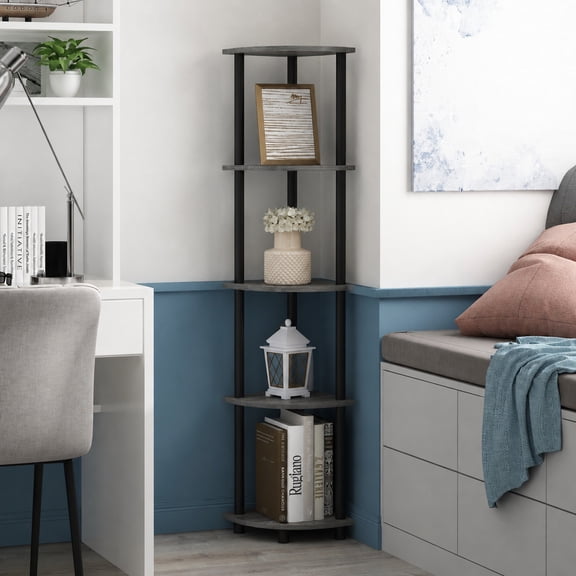 Furinno Turn-N-Tube Toolless Assembly Corner Shelf, 5-Tier Grey Corner Bookshelf, Open Storage Shelves, for Organization and Storage, Living Room, Home Office, Bedroom, Grey Oak