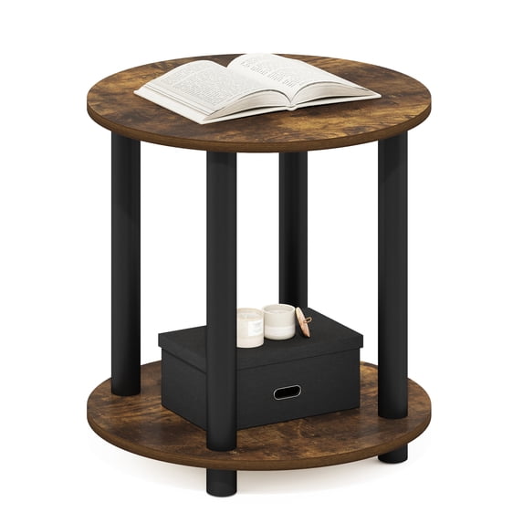Furinno Turn-N-Tube Toolless Assembly Side Table, 2-Tier Rustic Brown Round End Table with Open Shelf, Night Stand, Bedside Table, for Living Room, Bedroom, Amber Oak