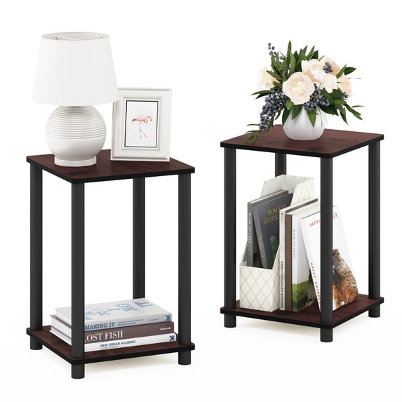 Furinno Turn-N-Tube Toolless Assembly Side Table Set of 2, Stackable 2-Tier Brown End Table with Open Shelf, Night Stand, Bedside Table, for Living Room, Bedroom, Cherry Oak