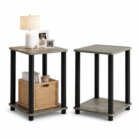 Furinno Turn-N-Tube Toolless Assembly Side Table Set of 2, Stackable 2-Tier Grey End Table with Open Shelf, Night Stand, Bedside Table, for Living Room, Bedroom, Grey Oak