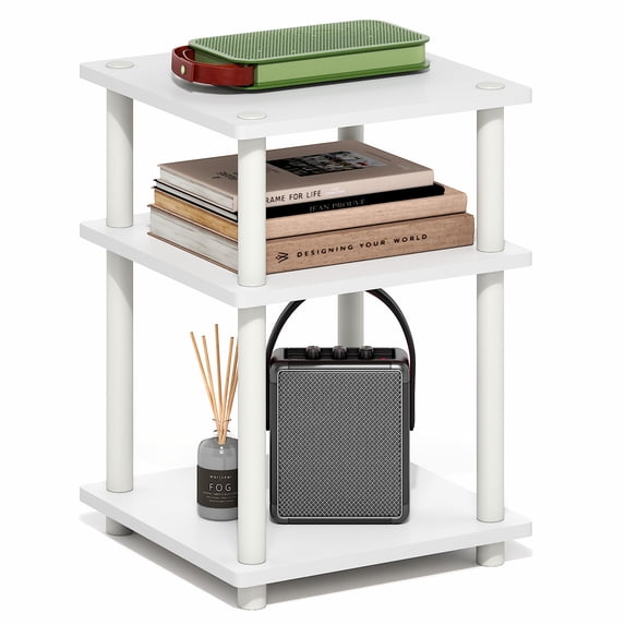 Furinno Turn-N-Tube Toolless Assembly Side Table, White 3-Tier End Table, Night Stand, Bedside Table for Living Room, Bedroom, Home Office, Plain White/White