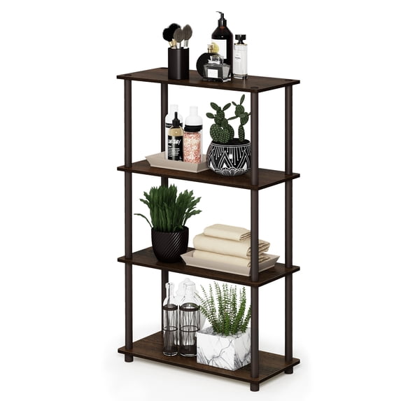 Furinno Turn-N-Tube Toolless Assembly Storage Shelves, 4-Tier Black Book Shelf, Open Storage Booshelf, for Organization and Storage, Living Room, Home Office, Bedroom, Black Walnut