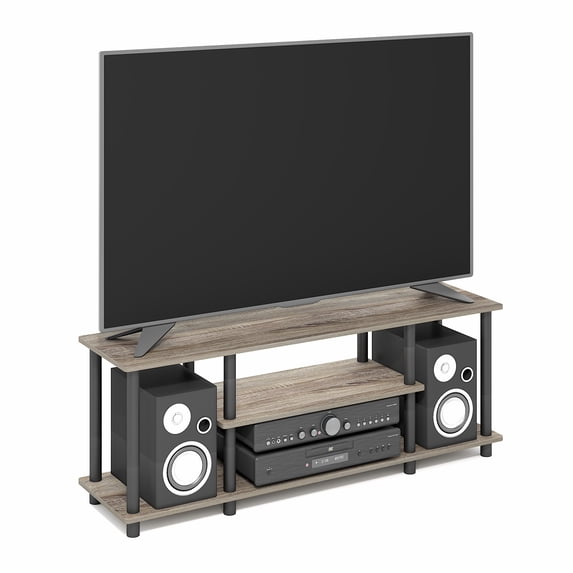 Furinno Turn-N-Tube Toolless Assembly TV Stand for TV up to 50 Inch, 3-Tier Grey Entertainment Center with Storage Shelf, TV Console, for Living Room, Bedroom, Grey Oak