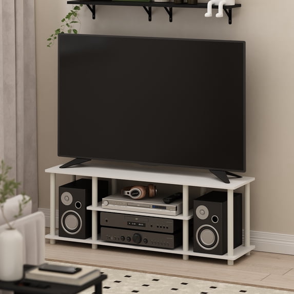 Furinno Turn-N-Tube Toolless Assembly TV Stand for TV up to 50 Inch, 3-Tier Plain White Entertainment Center with Storage Shelf, TV Console, for Living Room, Bedroom, Plain White