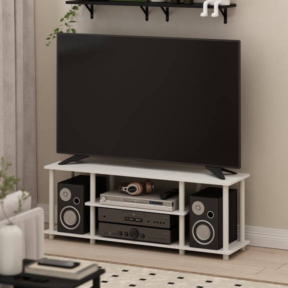 Furinno Turn-N-Tube Toolless Assembly TV Stand for TV up to 50 Inch, 3-Tier Plain White Entertainment Center with Storage Shelf, TV Console, for Living Room, Bedroom, Plain White