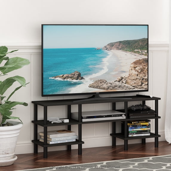 Furinno Turn-N-Tube Toolless Assemny TV Stand for TV up to 55 Inch, 3-Tier Black Entertainment Center with Storage Shelf, TV Console, for Living Room, Bedroom, Black Espresso