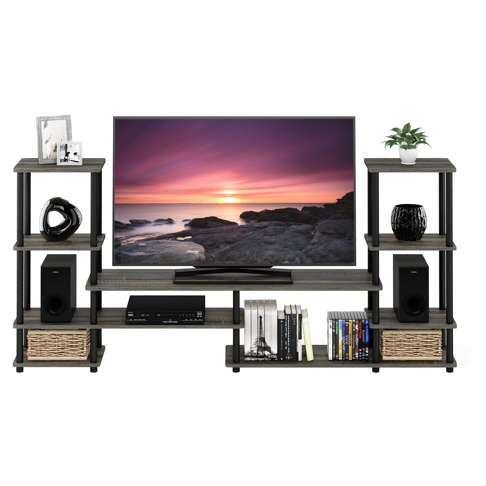 Furinno Turn N Tube Wood Grand Entertainment Center for TV up to 50 in Oak Gray
